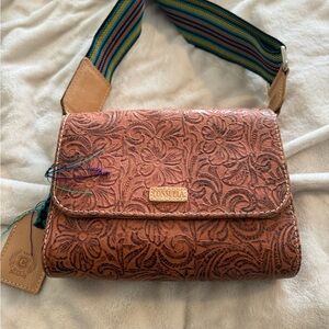 Consuela Floral Embossed Tan Crossbody Bag Sally on the town